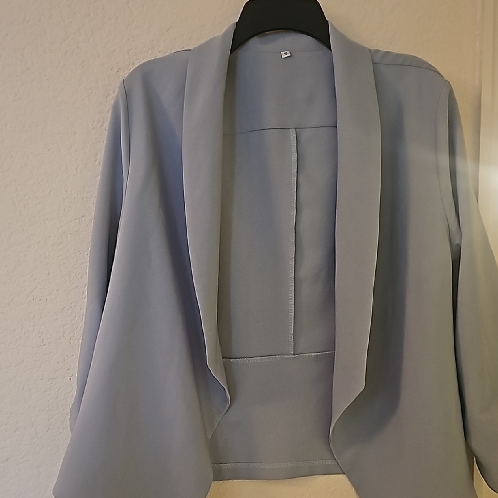 Light Blue Gray Blazer with Shawl Collar and Relaxed Fit